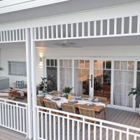 Outdoor leisure area with large glass windows